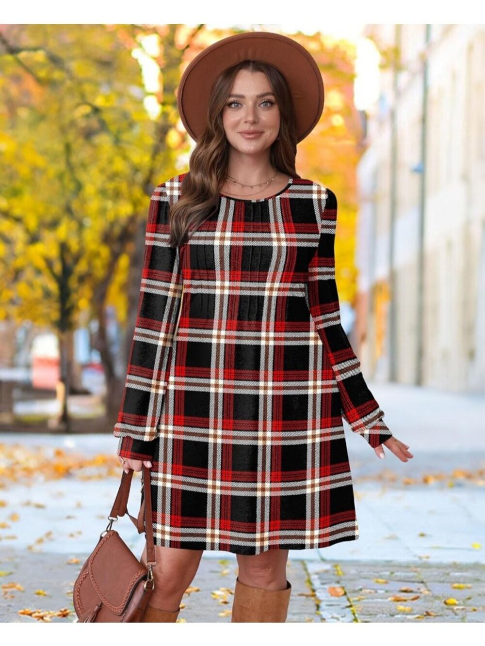 Women's Black Red Plaid Crew Neck Pockets Fall Baby Doll Sweater Mini Dress - Picture 3 of 5